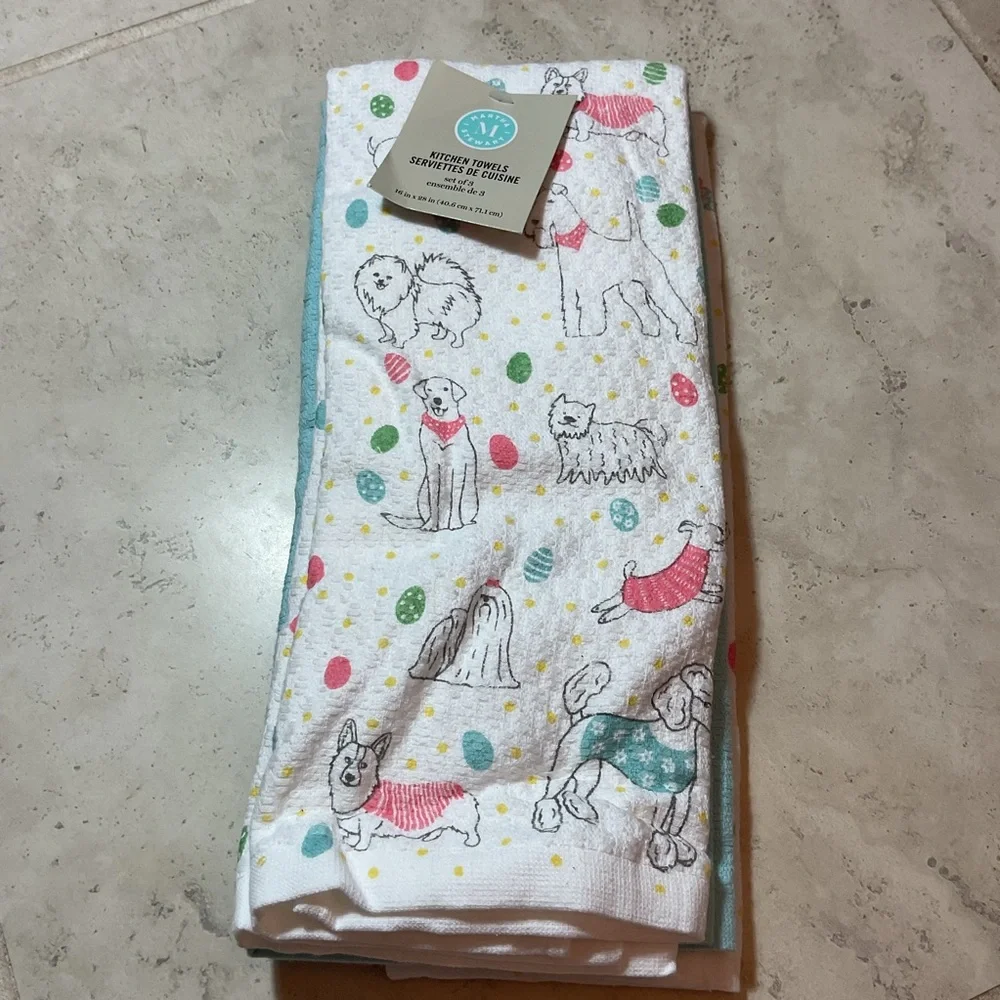Martha Stewart Easter themed Colorful Dog Print Kitchen Towels NWT set of 3